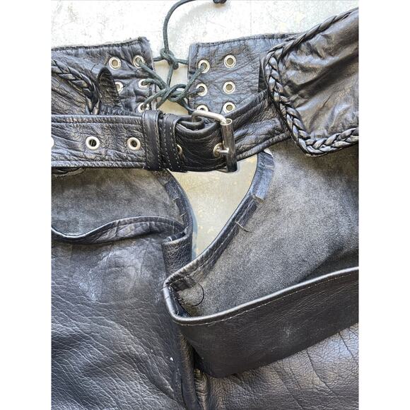 Hot Leathers Unisex Top Grain Black Leather Braided Trim Chaps Sz Small - Picture 4 of 7